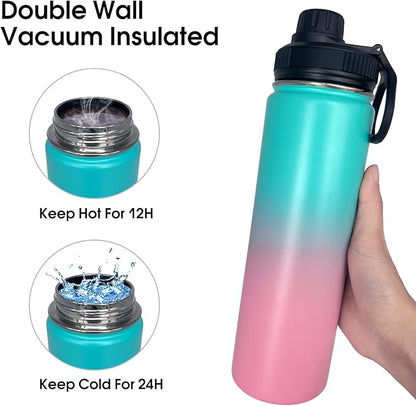 1pack 22 oz Insulated Water Bottle With Straw, Stainless Steel Sports Water Cup Flask with 2 Lids, Wide Mouth Travel Thermal Mug,Pink gradient