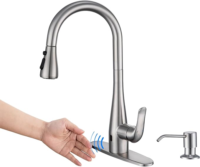 Touchless Kitchen Faucet with Soap Dispenser and Pull Down Sprayer - Single Handle Sensor Kitchen Sink Faucet, 1 or 3 Hole Design for Modern Farmhouse Kitchens, Rv, and Bar Sinks(Brushed Nickel)