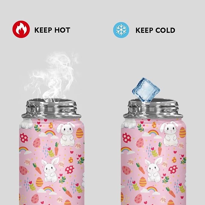 ZOUTAIRONG Rabbits Insulated Water Bottle with Handle 18 oz Vacuum Water Bottle for Hot & Cold Drinks, Wide Mouth, Great for Travel, Hiking & Camping Pink Easter Gifts Eggs