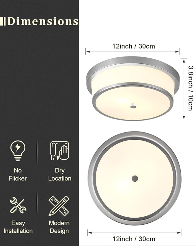 12 inch Flush Mount Ceiling Light, 2-Light Close to Ceiling Light Fixtures with Oil Rubbed Bronze Finish for Bathroom Bedroom Kitchen Hallway (Brushed Nickel)