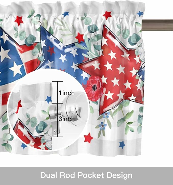 Vandarllin Eucalyptus 4th of July Kitchen Curtains Valances for Windows Patriotic American Flag Stars Rod Pocket Window Treatment for Kitchen/Living Room/Bedroom/Bathroom, 42" X 18", Grey Gingham