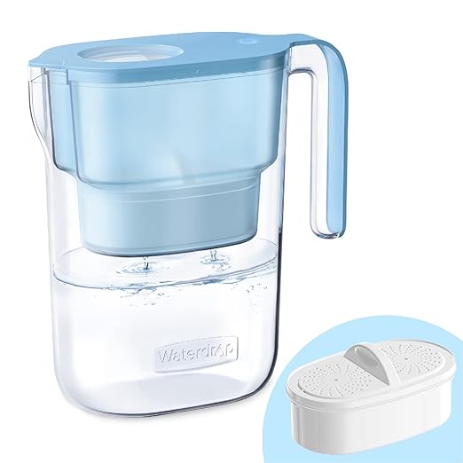 Waterdrop Water Filter Pitcher with 1 Filter, 5X Times Lifetime, Lasts 200 Gallons, for Fridge and Kitchen, Reduces PFOA/PFOS, Chlorine, 7-Cup Capacity, Elfin, Blue