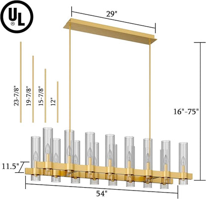 54 Inch Gold Linear Chandelier Kitchen Island Pendant Lighting with 16-Lights Glass Shade, Brushed Brass Modern Farmhouse High Ceilings Over Table Dining Room Light Fixtures