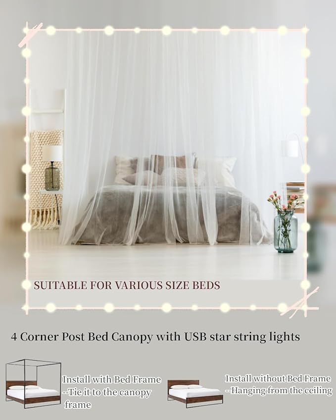 Bed Canopy Mosquito Net for Bed, Canopy Bed Curtains for Twin Full Size, 4 Corner Post Bedroom Canopy for Kids Adults, Square Bed Drapes Home Decor (White-Light)