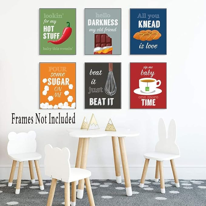 ZHAXFA Colorful Funny Kitchen Quote Art Print, Dessert Vegetables Tea with Motivational Saying Canvas Wall Art Printing For Kitchen Cofee Shop Decoration,Set of 6 (8"X10", No Frame