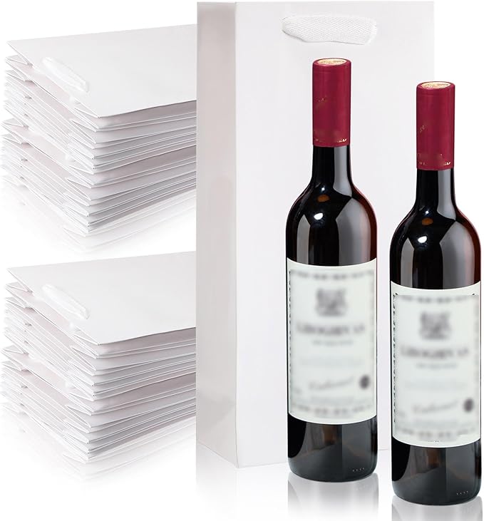 Yeaqee 50 Pack Wine Bags for Wine Double Bottles Gifts Bags 6.6" x 3.6" x 13.8" Craft Wine Bottle Wine Bags Bulk with Handles Reusable Paper Tumbler Wine Bags, Liquor Gift Bag with Handles (White)