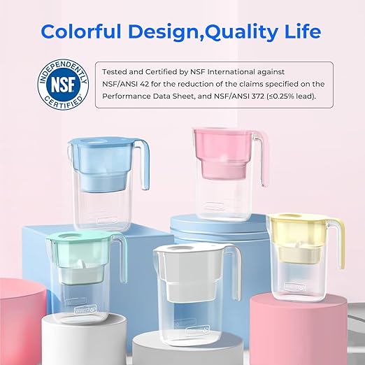 Waterdrop Water Filter Pitcher with 4 Filter, 5X Times Lifetime, Lasts 200 Gallons, for Fridge and Kitchen, Reduces PFOA/PFOS, Chlorine, 7-Cup Capacity, Elfin, Pink