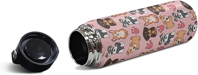 ZOUTAIRONG Cute Dog Insulated Water Bottle with Handle 18 oz Vacuum Water Bottle for Hot & Cold Drinks, Wide Mouth, Great for Travel, Hiking & Camping Cartoon Puppy Dog Family Pink