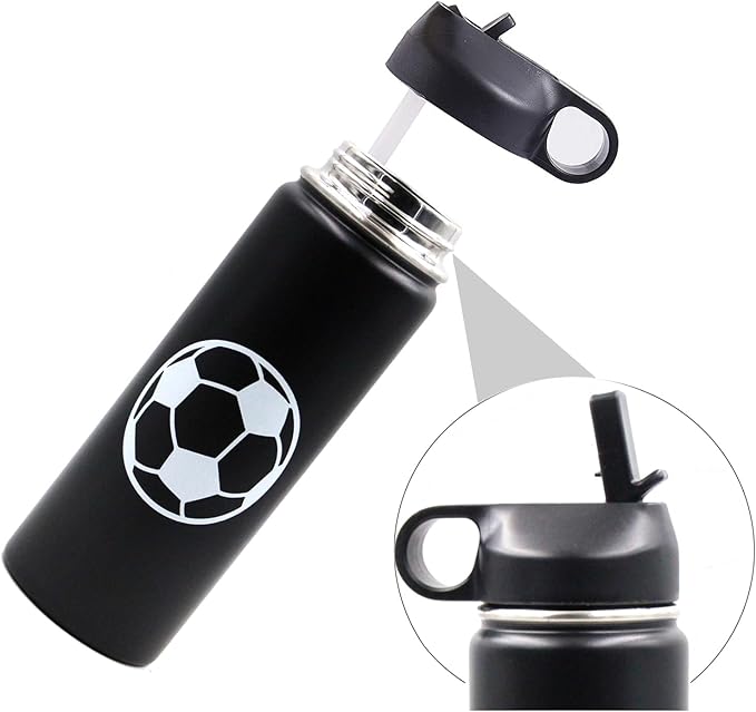 18 oz Soccer Water Bottle, Wide Mouth Travel Sports Flask with 2 Lids（Straw Lid+Flex Cap）BPA Free 18/8 Stainless Steel Double Wall Vacuum Insulated Water Bottles (18oz, Soccer)