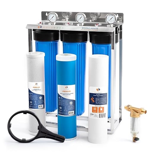 Aquaboon 3 Stage Whole House Water Filter System - Freestanding Stainless-Steel Bracket w/Pressure Gauges - Home Water Filtration System with 20x4,5 inch GAC, Carbon Block, Sediment Filter Cartridges