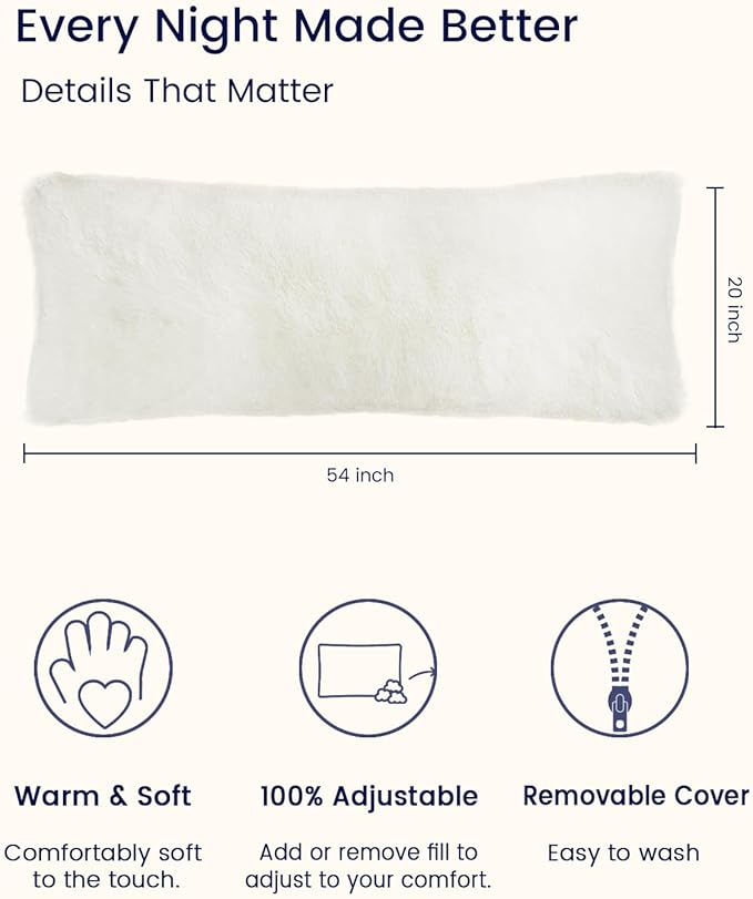 ZonLi Fluffy Body Pillow, Full Body Pillows for Adults, Long Pillow for Sleeping with Removable Cover and Adjustable Filling for Side Sleeper & Pregnancy, Large and Firm, Machine Washable(White)