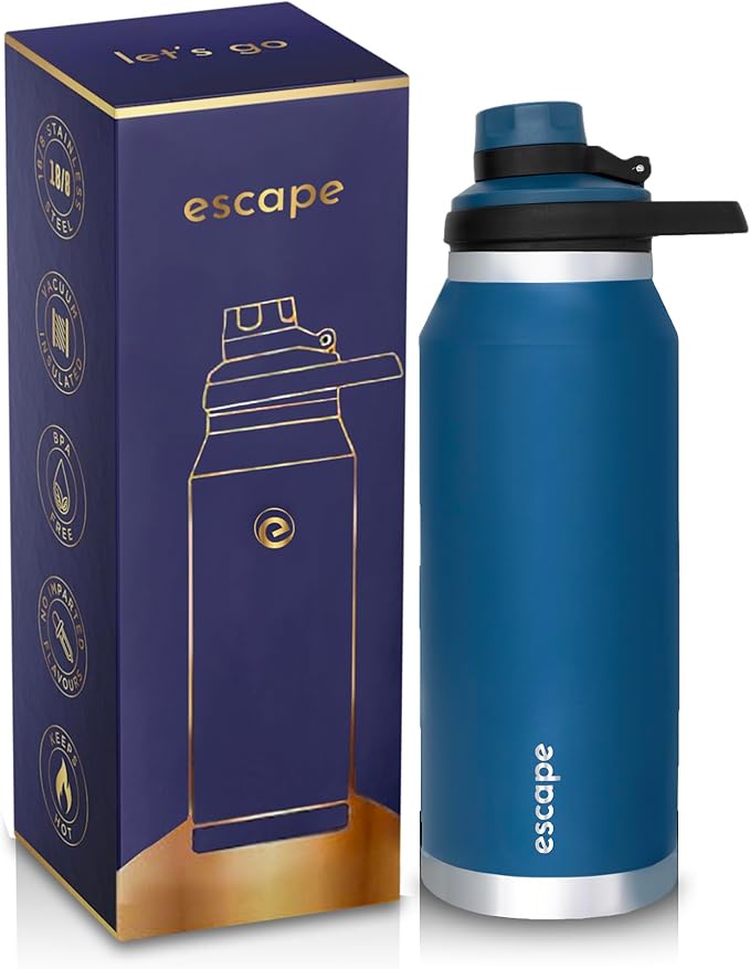 1 Liter Water Bottle Ideal for Gym Dishwasher Safe 34 oz Insulated Stainless Steel that Keeps Hot & Cold Wide Mouth NAVY ESCAPE