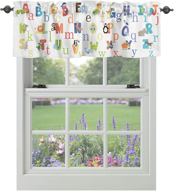 Vandarllin Cute Animals Alphabet for Kids Kitchen Curtains Valances for Windows Colorful Printed Rod Pocket Window Treatment for Kitchen/Living Room/Bedroom/Bathroom,42" X 12" -1 Panel,