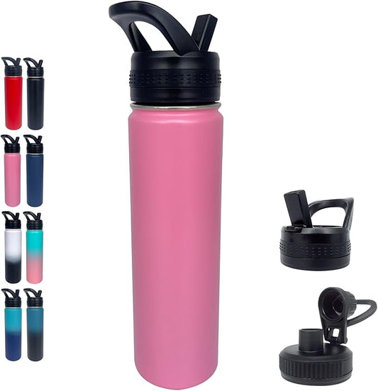 1pack 22 oz Insulated Water Bottle With Straw, Stainless Steel Sports Water Cup Flask with 2 Lids, Wide Mouth Travel Thermal Mug,Pink