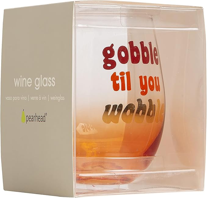 Pearhead Gobble Til You Wobble, Gradient Orange Thanksgiving, Seasonal Fall Home Dećor Accessory, Holiday Stemless Wine Glass, 15oz