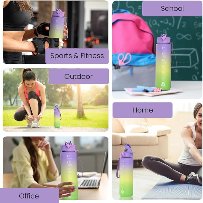 1L Water Bottle with Straw - Leak-Proof & BPA Free Reusable Sports Bottle - Motivational Time Markings for Hydration Durable Drink Bottle for Gym, Sports, Outdoor (Purple yellow and Green)