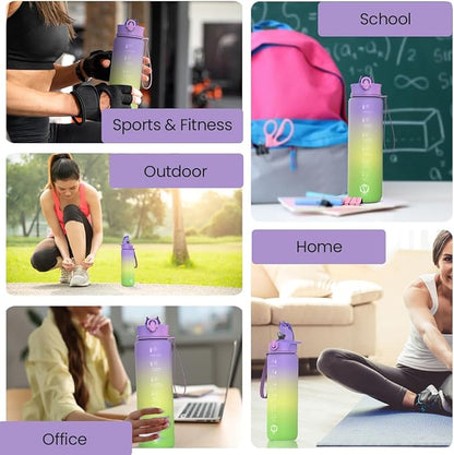 1L Water Bottle with Straw - Leak-Proof & BPA Free Reusable Sports Bottle - Motivational Time Markings for Hydration Durable Drink Bottle for Gym, Sports, Outdoor (Purple yellow and Green)