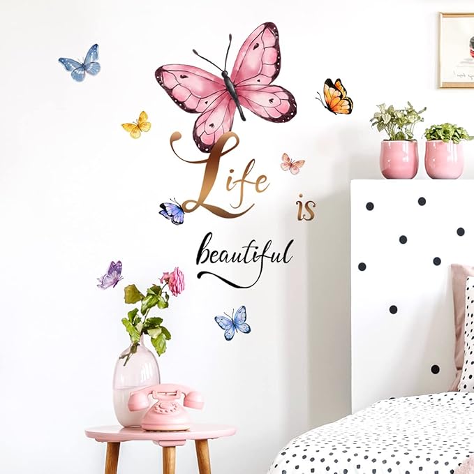 Butterfly Wall Art Decal - 'Life is Beautiful' Motivational Quote - 90x30cm Peel & Stick Design for Home Decor