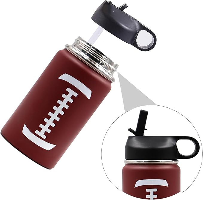 12 oz Football Water Bottle, Flask Sports with 2 Lids 18/8 Stainless Steel Travel Tumbler Double Wall Vacuum Insulated Hot/Cold (12oz, Football)