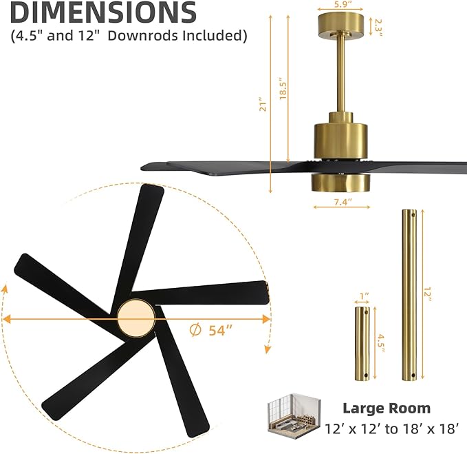 WINGBO 54" ABS DC Ceiling Fan with Lights, 5 Blade ABS Plastic Ceiling Fan with Remote, 6-Speed Reversible DC Motor, LED Ceiling Fan for Kitchen Bedroom Living Room, Brass and Matte Black