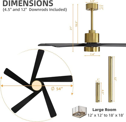 WINGBO 54" ABS DC Ceiling Fan with Lights, 5 Blade ABS Plastic Ceiling Fan with Remote, 6-Speed Reversible DC Motor, LED Ceiling Fan for Kitchen Bedroom Living Room, Brass and Matte Black