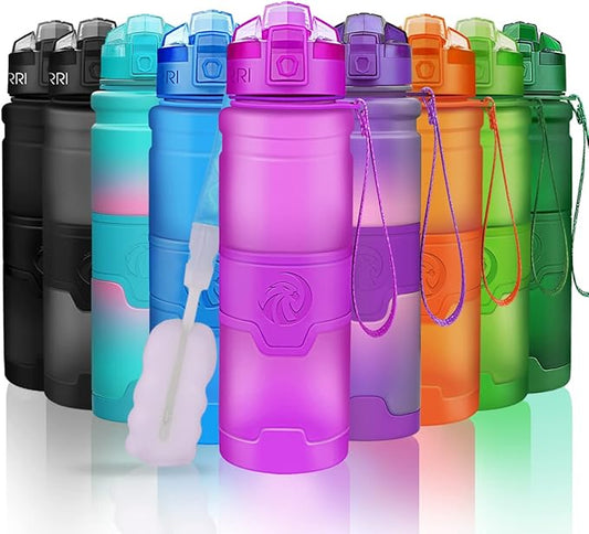 ZORRI 14/17/ 24/32 OZ Water Bottles, BPA Free Tritan Lightweight Leak Proof Sport Bottle with Brush, Lock Feature, Track Marker, and Flip Lid for Kids School, Fitness, Office, Sports & Outdoors