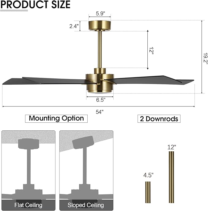 54" Ceiling Fan with Light and Remote Control, Modern Dimmable LED Light, 6-Speed Noiseless Reversible DC Motor, 5 Plywood Ceiling Fan for Kitchen Bedroom Living Room Black/Gold