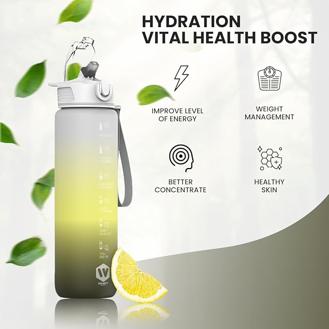 1L Water Bottle with Straw - Leak-Proof & BPA Free Reusable Sports Bottle - Motivational Time Markings for Hydration Durable Drink Bottle for Gym, Sports, Outdoor (Grey Yellow and Black)