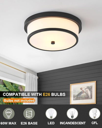 12 inch Flush Mount Ceiling Light, 2-Light Close to Ceiling Light Fixtures with Black Finish for Bathroom Bedroom Kitchen Hallway (Black)