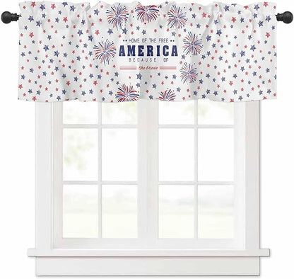 Vandarllin 4th of July Kitchen Curtains Valances for Windows Patriotic America Stars Fireworks Rod Pocket Window Treatment for Kitchen/Living Room/Bedroom/Bathroom, 42" X 12", Red White Blue