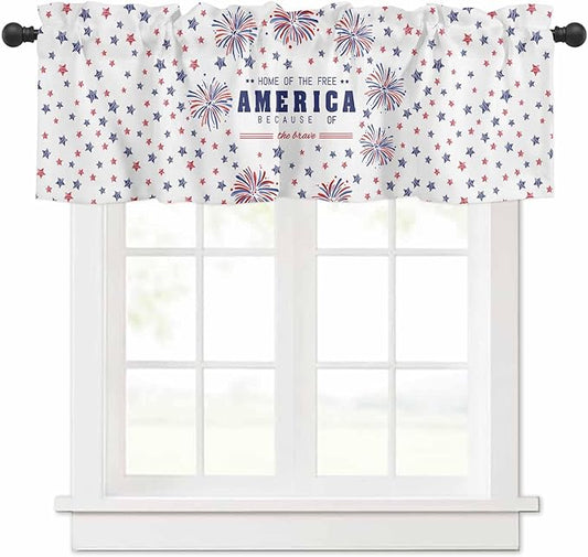 Vandarllin 4th of July Kitchen Curtains Valances for Windows Patriotic America Stars Fireworks Rod Pocket Window Treatment for Kitchen/Living Room/Bedroom/Bathroom, 42" X 18", Red White Blue