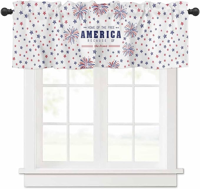 Vandarllin 4th of July Kitchen Curtains Valances for Windows Patriotic America Stars Fireworks Rod Pocket Window Treatment for Kitchen/Living Room/Bedroom/Bathroom, 60" X 18", Red White Blue