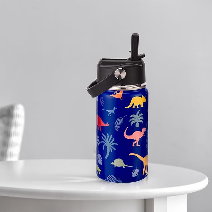 12oz Kids Insulated Water Bottle with Flip Straw & Big Handle, Jungle Dinosaurs, Double Wall 18/8 Stainless Steel, Leakproof Gift for Kids Boys Girls to School Travel Sports, Hands Wash Only, Blue