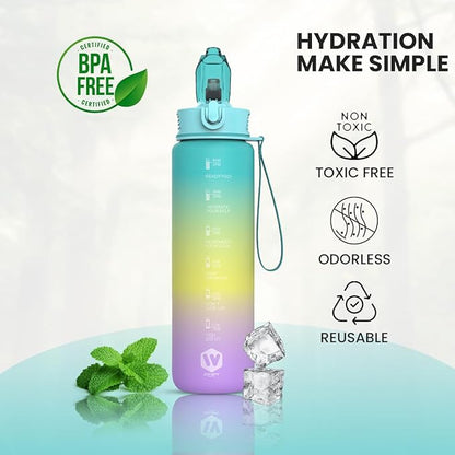 1L Water Bottle with Straw - Leak-Proof & BPA Free Reusable Sports Bottle - Motivational Time Markings for Hydration Durable Drink Bottle for Gym, Sports, Outdoor (Green Yellow and Purple)