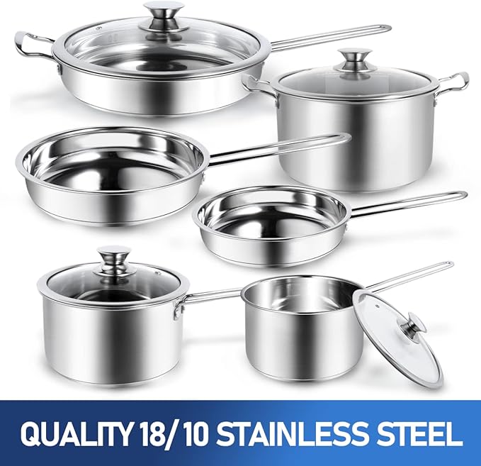 10-Piece Pots and Pans Set, Stainless Steel Cookware Set- Includes Ergonomic Handle Saucepans, Skillets, Dutch Oven, Stockpot, Steamer & More - Premium Pots and Pans for Home Chefs