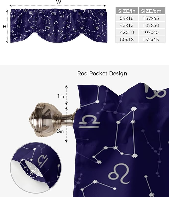 Tie Up Valance for Kitchen Living Room Farmhouse - Evolution of the Universe Constellation Astrology Rod Pocket Adjustable Tie-up Shade Valance for Small Window, Balloon Drape Valance 42x12 inches