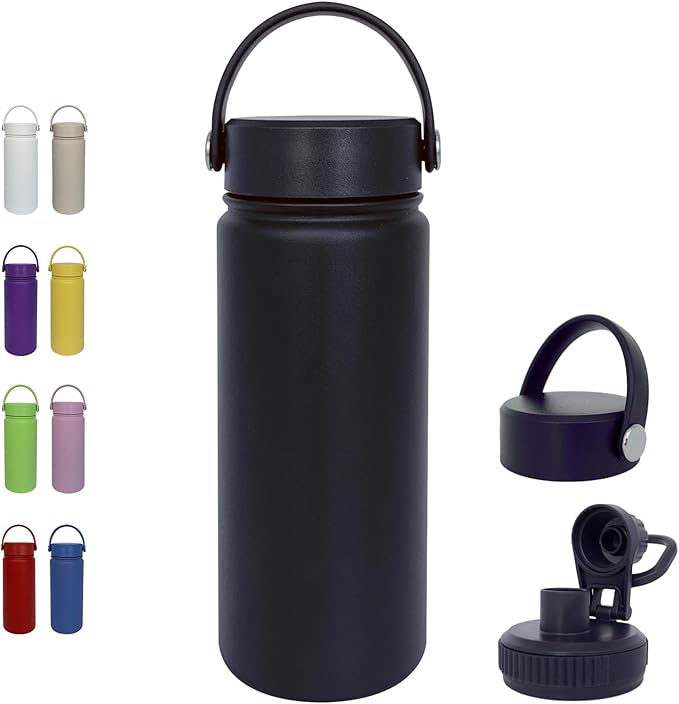 18oz Insulated Water Bottle ，Stainless Steel Sports Water Cup Flask with 2 Lids, Wide Mouth Travel Thermal Mug,Outdoor Sports Bottle（Blue Black）