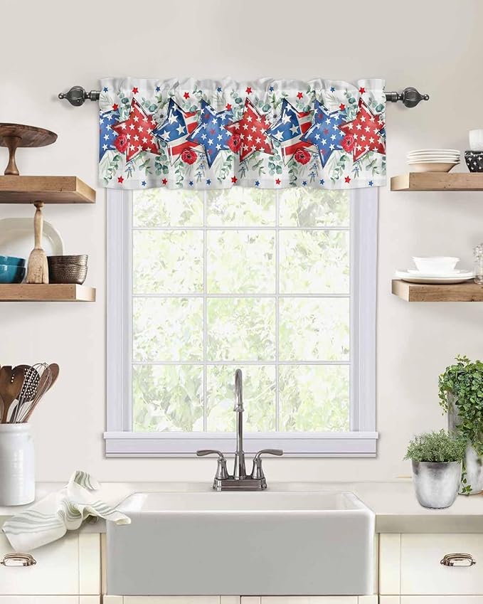 Vandarllin Eucalyptus 4th of July Kitchen Curtains Valances for Windows Patriotic American Flag Stars Rod Pocket Window Treatment for Kitchen/Living Room/Bedroom/Bathroom, 42" X 18", Grey Gingham