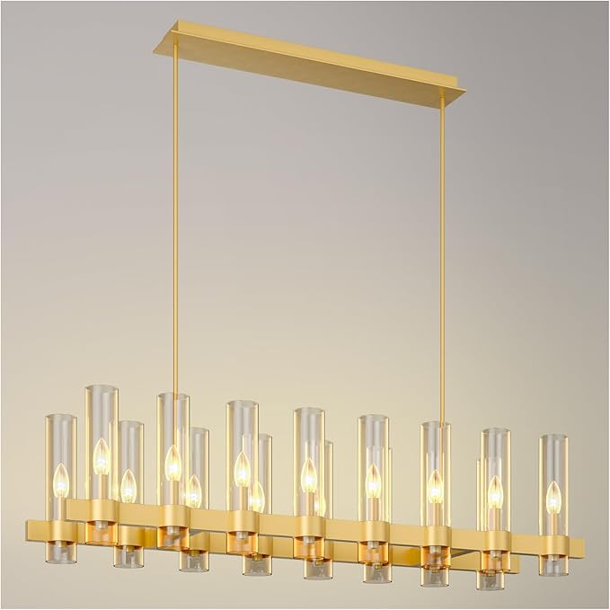 54 Inch Gold Linear Chandelier Kitchen Island Pendant Lighting with 16-Lights Glass Shade, Brushed Brass Modern Farmhouse High Ceilings Over Table Dining Room Light Fixtures