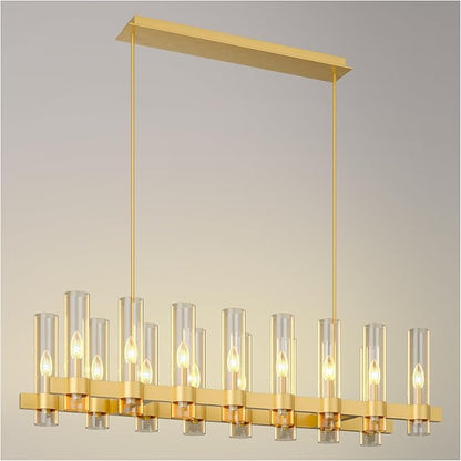 54 Inch Gold Linear Chandelier Kitchen Island Pendant Lighting with 16-Lights Glass Shade, Brushed Brass Modern Farmhouse High Ceilings Over Table Dining Room Light Fixtures