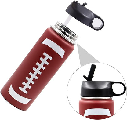 18 oz Football Water Bottle, Flask Sports with 2 Lids 18/8 Stainless Steel Tumbler Double Wall Vacuum Insulated Canteen Keep Beverages Hot/Cold (18oz, Football)