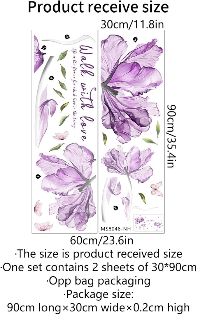 "Walk into Love" 3D Purple Flower Wall Stickers - 60cm x 23.6in Vinyl Decor for Home, Bedroom, Living Room, Office, Bathroom - 2 Sheets of 30cm x 90cm