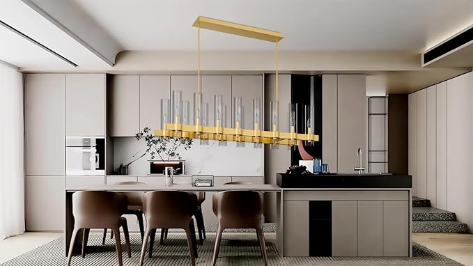 54 Inch Gold Linear Chandelier Kitchen Island Pendant Lighting with 16-Lights Glass Shade, Brushed Brass Modern Farmhouse High Ceilings Over Table Dining Room Light Fixtures