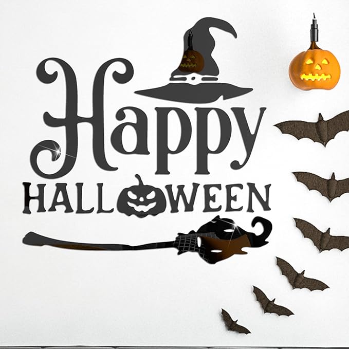 CREATCABIN Happy Halloween Pumpkin Acrylic Mirror Sticker Self-Adhesive Ghost 3D Wall Stickers Decal Removable for Indoor Outdoor Home Wall Window Party Decorations,Black