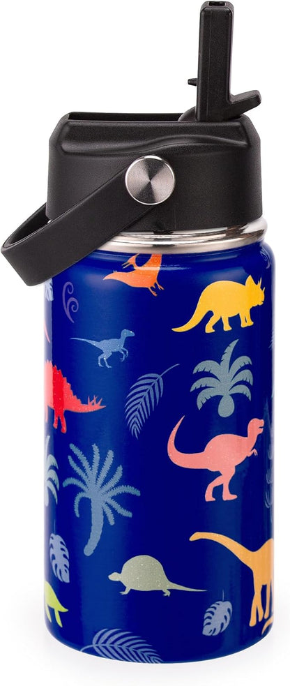 12oz Kids Insulated Water Bottle with Flip Straw & Big Handle, Jungle Dinosaurs, Double Wall 18/8 Stainless Steel, Leakproof Gift for Kids Boys Girls to School Travel Sports, Hands Wash Only, Blue