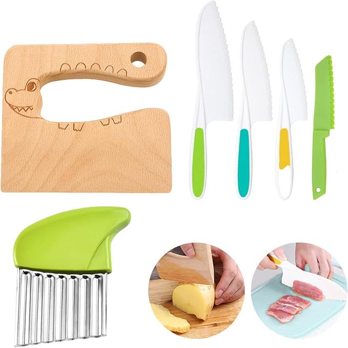 6 PCS Kids Kitchen Safe Wooden Knife Set for Real Cooking, Kids Montessori Kitchen Cooking Tools, Plastic Serrated Edges Toddler Knives, Crinkle Potato Cutter for Children Cooking (Green)