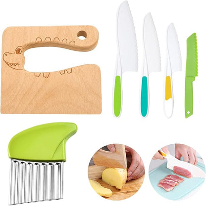 6 PCS Kids Kitchen Safe Wooden Knife Set for Real Cooking, Kids Montessori Kitchen Cooking Tools, Plastic Serrated Edges Toddler Knives, Crinkle Potato Cutter for Children Cooking (Green)