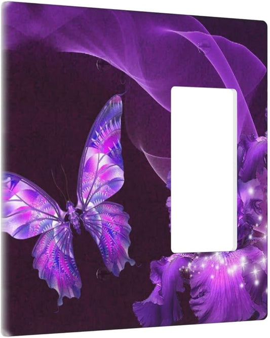 Purple Butterfly Flower Combo Single Blank 1 Rocker Light Switch Wall Plate Cover Decorative 2-Gang for Electrical Girls Room Bathroom Bedroom Home Kitchen One Decora Receptacle 4.5" x 4.6"