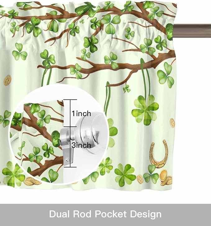 Vandarllin Lucky Cat St. Patrick's Day Kitchen Curtains and Valances Set, Green Spring Shamrocks Tree Windows Treatments Tiers Half/Short Curtains for Small Windows Cafe/Living Room/Bedroom 54x36 in