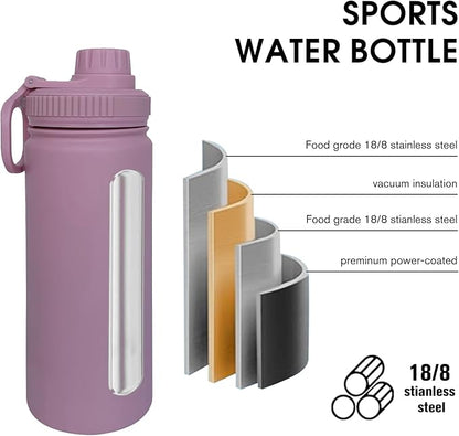 18oz Insulated Water Bottle ，Stainless Steel Sports Water Cup Flask with 2 Lids, Wide Mouth Travel Thermal Mug,Outdoor Sports Bottle（Jelly Purple）